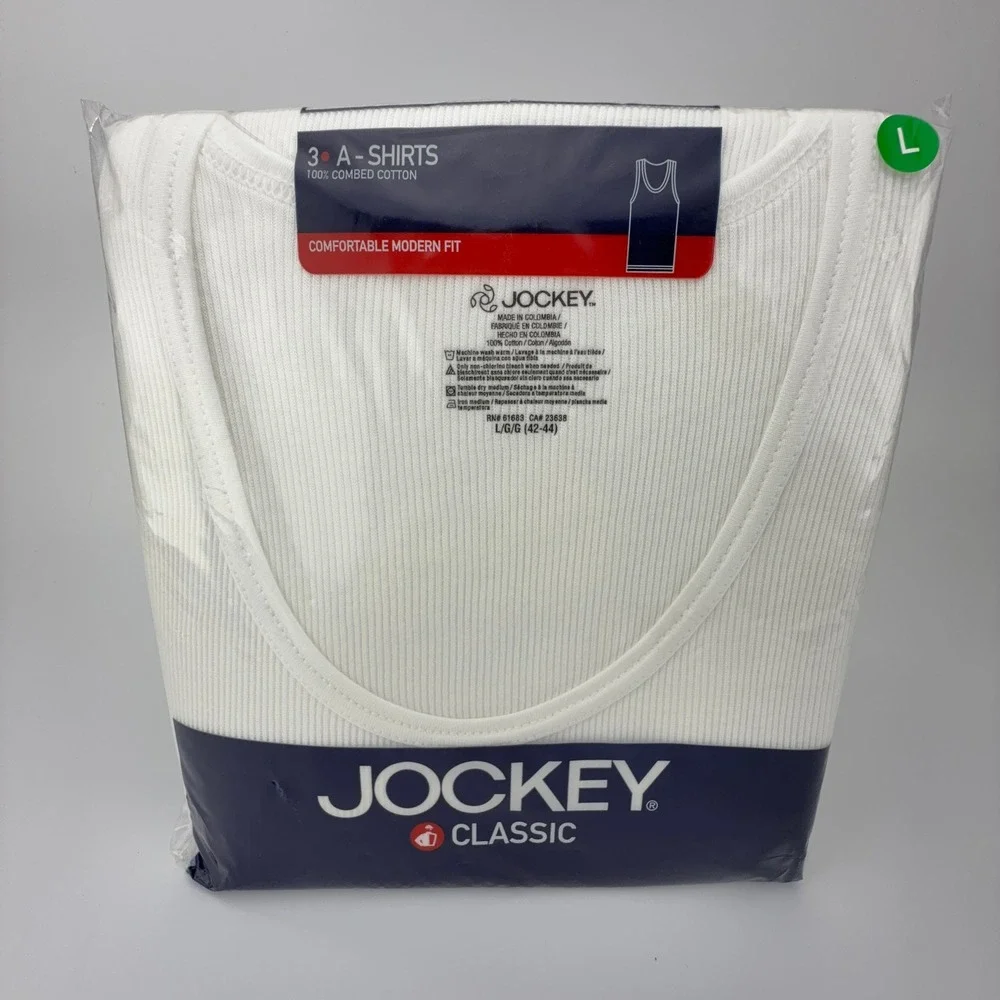 Jockey‎ Classic Mens A-Shirt Undershirt 3-Pack White Ribbed Cotton Large 9813